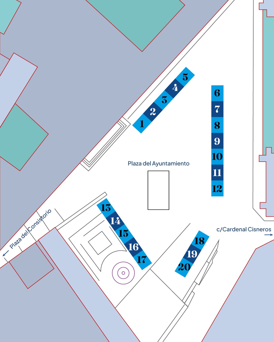 Plano de la Feria del Libro de Toledo 2026 en la Plaza del Ayuntamiento, con las casetas numeradas